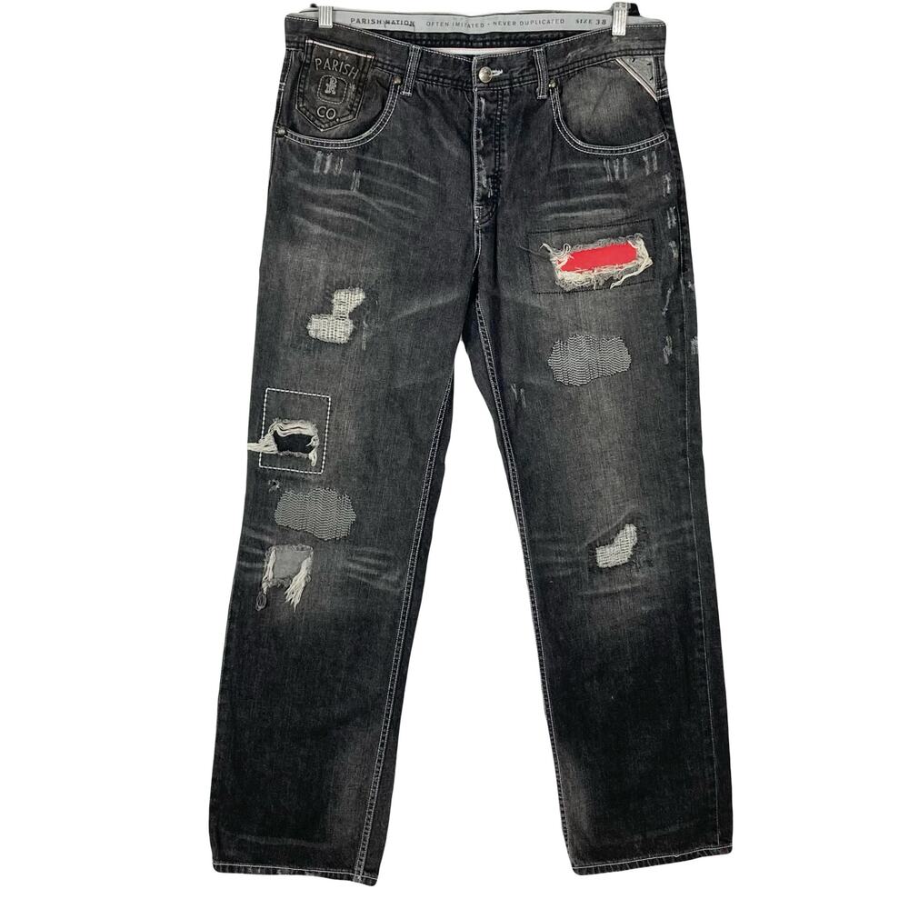 NWOT PARISH NATION Jeans Men 38 Distressed Patchwork Stitch Ripped Straight-Leg